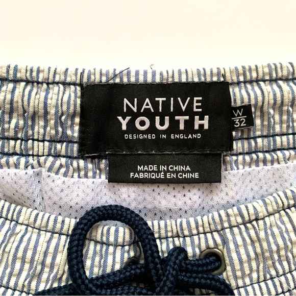 NATIVE YOUTH SANTIAGO NAVY BLUE STRIPED SEERSUCKER DRAWSTRING SWIM SHORTS Sz32 - Picture 8 of 13
